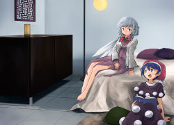 Rule 34 | 2girls, barefoot, blue eyes, blue hair, book, bow, bowtie, capelet, doremy sweet, dress, hat, indoors, kishin sagume, long sleeves, looking at another, multiple girls, nightcap, on bed, on floor, open book, open mouth, purple dress, red eyes, short hair, silver hair, single wing, sitting, smile, tbonjobi (sukemasa), touhou, vest, wings