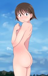 Rule 34 | 1girl, ass, back, blue sky, blush, brown eyes, brown hair, clenched hand, closed mouth, commentary, completely nude, cowboy shot, day, flat chest, frown, girls und panzer, horizon, isobe noriko, looking at viewer, looking back, nude, outdoors, short hair, sky, solo, standing, sweat, tanaka rikimaru