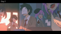 Rule 34 | 1boy, 4girls, aqua eyes, aqua hair, artist self-insert, beret, black hair, brown hair, brown jacket, chuunibyou demo koi ga shitai!, classroom, closed eyes, collared shirt, contact lens, copyright request, covering face, day, green eyes, hat, head out of frame, heterochromia, highres, indoors, jacket, letterboxed, light particles, mask, multicolored hair, multiple girls, neckerchief, necktie, open mouth, original, paper, paper on head, pink hair, red neckerchief, red necktie, shirt, short hair, sitting, standing, teeth, togashi yuuta, two-tone hair, upper teeth only, white shirt, wing collar, yellow eyes, yin midnight, yin midnight (character)