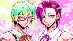 Rule 34 | 2boys, androgynous, blonde hair, bow, colored eyebrows, colored eyelashes, earrings, fingernails, flower, glasses, gradient background, gradient hair, green eyes, green hair, hair between eyes, heart, heart tattoo, honey (nanbaka), jewelry, lace, lip gloss, lips, long fingernails, looking at viewer, male focus, mole, multicolored hair, multiple boys, nail polish, nanbaka, neck tattoo, parted lips, pink background, pink eyes, pink hair, purple hair, reaching, rose, short hair, sidelocks, smile, sparkle, tattoo, trap, trois (nanbaka), two-tone hair, upper body, wavy hair, yellow background