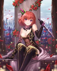 Rule 34 | 1girl, ahoge, armor, bad id, bad pixiv id, bare shoulders, black gloves, black thighhighs, blue sky, boots, breasts, brick wall, building, cleavage, cloud, collarbone, covered navel, dagger, day, detached collar, elbow gloves, fence, flower, garter straps, gloves, grin, hair between eyes, hair flower, hair ornament, hand up, head tilt, holding, holding dagger, holding knife, holding weapon, knife, light particles, looking at viewer, lunacle, medium breasts, original, parted lips, petals, pink flower, purple eyes, red flower, red hair, red rose, rose, rose petals, short hair, single vambrace, sitting, sky, smile, solo, thigh boots, thighhighs, tree, vambraces, weapon