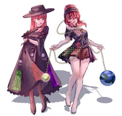 Rule 34 | 2girls, absurdres, alternate costume, bare legs, barefoot, black choker, black dress, black footwear, black headwear, black shirt, breasts, chain, choker, closed mouth, clothes writing, commentary request, dress, earth (ornament), fedora, flower, frilled skirt, frills, gold chain, hat, hat flower, hecatia lapislazuli, high heels, highres, medium breasts, moon (ornament), multicolored clothes, multicolored skirt, multiple girls, off-shoulder shirt, off shoulder, open mouth, plaid, plaid skirt, red eyes, red hair, red lips, shirt, shouxishao jiuyuan, simple background, skirt, skull print, t-shirt, touhou, white background