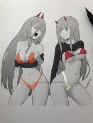 Rule 34 | 2girls, animanghayo, aqua eyes, art tools in frame, bikini, breasts, chainsaw man, clothes lift, commentary, contrapposto, covered erect nipples, cropped legs, crossover, darling in the franxx, eyeliner, grabbing own breast, greyscale, hair between eyes, highres, horns, long hair, makeup, medium breasts, millipen (medium), mismatched bikini, mixed media, monochrome, multiple girls, open mouth, orange bikini, patreon username, power (chainsaw man), red eyeliner, red horns, sharp teeth, shirt lift, shirt tug, sidelocks, signature, smile, spot color, swimsuit, teeth, traditional media, trait connection, very long hair, yellow eyes, zero two (darling in the franxx)