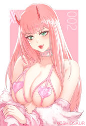 Rule 34 | 1girl, bad id, bad pixiv id, bare shoulders, breasts, cleavage, collar, collarbone, commentary request, darling in the franxx, fang, fur trim, green eyes, heart, heart bra, horns, koshio, large breasts, licking lips, long hair, looking at viewer, oni horns, pink collar, pink hair, smile, solo, tongue, tongue out, upper body, zero two (darling in the franxx)