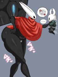 ... 1boy 1girl angry ass bar_censor black_skin censored colored_skin grey_background highres hollow_knight hornet_(hollow_knight) huge_ass knight_(hollow_knight) penis restrained silk simple_background size_difference small_penis small_testicles speech_bubble spider_web testicles