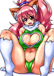 Rule 34 | 1girl, animal ears, bare legs, bare shoulders, breasts, cat ears, cat girl, cleft of venus, curvy, female focus, happy, highleg, highleg leotard, highres, large breasts, leotard, long hair, looking at viewer, partially visible vulva, paw print, perisie (star ocean), pink hair, ponytail, red eyes, ryoi, shiny clothes, shiny skin, sitting, smile, solo, star ocean, star ocean first departure, tail, thick thighs, thighs, thong leotard, very long hair
