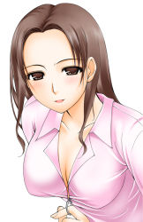 Rule 34 | 1girl, breasts, brown eyes, brown hair, cleavage, forehead, kawada tomoko, kimi kiss, large breasts, long hair, ribucci, shirt, simple background, smile, solo, unzipping, upper body, white background