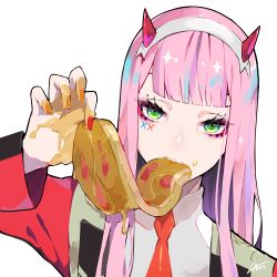 Rule 34 | 10s, 1girl, artist name, blunt bangs, darling in the franxx, food, food in mouth, green eyes, grey background, hairband, highres, honey, horns, lam (ramdayo), long hair, looking at viewer, military, military uniform, mouth hold, nail polish, necktie, pink hair, red necktie, signature, simple background, solo, steak, tsurime, uniform, upper body, zero two (darling in the franxx)