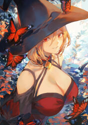 Rule 34 | 1girl, bare shoulders, black hat, breasts, bug, butterfly, cleavage, from above, hair between eyes, hat, highres, insect, large breasts, large hat, looking at viewer, looking up, mashuu (neko no oyashiro), off shoulder, original, parted lips, red eyes, smile, solo, witch hat