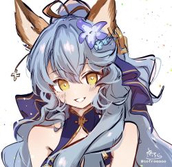 Rule 34 | 1girl, animal ears, bare shoulders, blue dress, blue flower, blue hair, blush, breasts, brown eyes, brown ribbon, chain, commentary request, dress, erune, ferry (granblue fantasy), flower, granblue fantasy, hair between eyes, hair bun, hair flower, hair ornament, hair ribbon, highres, long hair, looking at viewer, medium breasts, purple flower, ribbon, signature, single hair bun, sleeveless, sleeveless dress, smile, sofra, solo, twitter username, white background