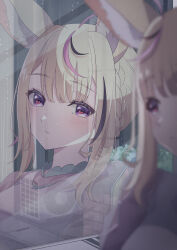 Rule 34 | 1girl, absurdres, air conditioner, akashi (4kc 27), animal ears, black hair, blonde hair, blouse, blurry, blurry foreground, closed mouth, commentary, expressionless, fox ears, fox girl, heart, heart-shaped pupils, highres, hololive, light blush, looking at viewer, looking outside, medium hair, multicolored hair, official alternate costume, official alternate hairstyle, omaru polka, omaru polka (street casual), pink hair, purple eyes, rain, reflection, shirt, sidelocks, solo, streaked hair, symbol-shaped pupils, upper body, virtual youtuber, white shirt, window