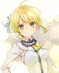 Rule 34 | 1girl, ahoge, blonde hair, breasts, bridal veil, chain, closed mouth, commentary request, daisy, dress, fate/grand order, fate (series), floating hair, flower, green eyes, hair flower, hair ornament, hair ribbon, jewelry, kuga tsukasa, lock, long sleeves, looking at viewer, medium breasts, necklace, nero claudius (bride) (fate), nero claudius (fate), nero claudius (fate) (all), padlock, ribbon, short hair, smile, solo, upper body, veil, wedding dress, white dress, white flower, white ribbon