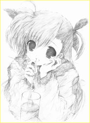 Rule 34 | 00s, 1girl, :d, blush, drinking, drinking straw, glass, head tilt, looking at viewer, lyrical nanoha, mahou shoujo lyrical nanoha, mahou shoujo lyrical nanoha strikers, open mouth, simple background, smile, solo, upper body, vivio, white background, yamabuki merou