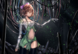 Rule 34 | 1girl, advarcher, android, bad id, bad pixiv id, bare shoulders, breasts, brown hair, green eyes, hair between eyes, lace, lace-trimmed legwear, lace trim, looking at viewer, mechanical arms, mechanical parts, navel, penny polendina, purple ribbon, ribbon, roosterteeth, rwby, short hair, single mechanical arm, small breasts, solo, thighhighs, thighs, torn clothes, wire
