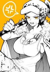 Rule 34 | 1girl, absurdres, anger vein, arm tattoo, armpits, breasts, chest tattoo, cleavage, coat, coat on shoulders, collarbone, commentary, cowboy shot, earrings, fur-trimmed coat, fur trim, genderswap, genderswap (mtf), glaring, greyscale with colored background, hat, highres, jewelry, large breasts, looking at viewer, nail polish, one piece, open mouth, orange background, orange eyes, over shoulder, pants, scabbard, scowl, sheath, sheathed, short hair, simple background, solo, spoilers, spoken anger vein, spot color, sweatdrop, sword, tank top, tattoo, trafalgar law, v-shaped eyebrows, weapon, weapon over shoulder, yotsumi shiro