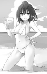 Rule 34 | 1girl, bare arms, bare legs, bare shoulders, barefoot, beach, bikini, breasts, cloud, commentary request, cup, greyscale, groin, hair between eyes, halterneck, hand on own hip, hand up, hat, holding, holding cup, kamukamu (ars), kneeling, large breasts, looking at viewer, monochrome, mug, navel, open mouth, outdoors, pointy ears, sand, shameimaru aya, short hair, side-tie bikini bottom, sketch, smile, solo, stomach, swimsuit, thighs, tokin hat, touhou, water