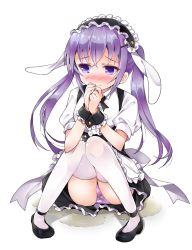 Rule 34 | 1girl, animal ears, apron, back bow, black dress, black footwear, black neckwear, blush, bow, breasts, closed mouth, dress, embarrassed, female focus, frilled dress, frills, full body, gochuumon wa usagi desu ka?, hair ornament, hairclip, half-closed eyes, hands up, highres, jpeg artifacts, knees together feet apart, knees up, long hair, looking to the side, maid apron, maid headdress, matching hair/eyes, nose blush, own hands together, panties, pantyshot, peeing, peeing self, pigeon-toed, plaid, plaid panties, puddle, puffy short sleeves, puffy sleeves, purple eyes, purple hair, purple panties, rabbit ears, ratryu, shoes, short sleeves, simple background, sitting, small breasts, solo, tears, tedeza rize, thighhighs, twintails, underwear, upskirt, wavy mouth, wet, wet clothes, wet panties, white apron, white background, white thighhighs, wrist cuffs