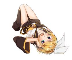 Rule 34 | 1girl, belt, black legwear, black sailor collar, black shorts, black sleeves, blonde hair, blue eyes, bow, detached sleeves, full body, hair bow, hair ornament, hairclip, hand in own hair, hand on own stomach, headphones, headset, kagamine rin, leg warmers, long sleeves, looking at viewer, lying, manya sora, microphone, on back, open mouth, sailor collar, sailor shirt, shirt, short hair, short shorts, shorts, sleeveless, sleeveless shirt, solo, thigh gap, transparent background, vocaloid, white bow, white shirt, wide sleeves