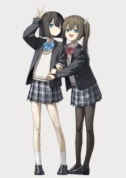 Rule 34 | 2girls, absurdres, arm hug, arm up, black footwear, black jacket, black legwear, black skirt, blue bow, blue bowtie, blue eyes, bow, bowtie, brown hair, closed mouth, commentary, full body, grey background, highres, jacket, loafers, long hair, long sleeves, looking at viewer, multiple girls, one eye closed, open clothes, open jacket, open mouth, original, pantyhose, plaid, plaid skirt, pleated skirt, red bow, red bowtie, school uniform, shoes, short hair, simple background, skirt, smile, socks, sweater, symbol-only commentary, twintails, w, white legwear, white sweater, yoon cook