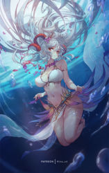 Rule 34 | 1girl, alternate costume, anklet, bare legs, bikini, breasts, clothes lift, fire emblem, fire emblem heroes, flower, flower necklace, freyja (fire emblem), grey hair, hair flower, hair ornament, horns, jewelry, large breasts, long hair, mitsu (mitsu art), necklace, nintendo, pelvic curtain, red eyes, red horns, solo, swimsuit, underwater, very long hair, white bikini