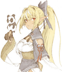 Rule 34 | 1girl, abara heiki, blonde hair, breasts, commentary request, dark-skinned female, dark elf, dark skin, elf, gloves, hair between eyes, highres, hololive, long hair, looking at viewer, medium breasts, pointy ears, ponytail, shiranui flare, shiranui flare (old design), simple background, solo, upper body, virtual youtuber, white background
