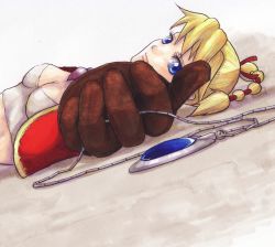 Rule 34 | 1girl, absurdres, blonde hair, blue eyes, breasts, chrono cross, cleavage, closed mouth, commentary request, gloves, graphite (medium), high ponytail, highres, jewelry, kid (chrono cross), long hair, looking at viewer, marker (medium), midriff, multi-tied hair, necklace, nib pen (medium), pendant, ponytail, solo, traditional media, vest