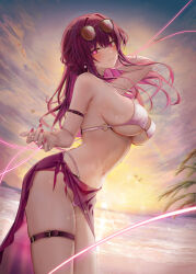 Rule 34 | 1girl, alternate costume, arm belt, arm up, armpit crease, bare shoulders, beach, belt, bikini, blush, breasts, closed mouth, cloud, commentary request, cowboy shot, earrings, eyewear on head, fingernails, from side, hair between eyes, hand on own head, highres, honkai: star rail, honkai (series), jewelry, kafka (honkai: star rail), large breasts, leaning forward, long hair, looking at viewer, multiple belts, nail polish, navel, necklace, o-ring, o-ring bikini, o-ring top, ocean, outdoors, paid reward available, palm tree, purple belt, purple eyes, purple hair, purple nails, purple sarong, ru zhai, sand, sarong, see-through, see-through sarong, sidelocks, skindentation, sky, smile, solo, standing, string, sunglasses, sunset, swimsuit, thigh belt, thigh strap, tree, water, wet, white bikini