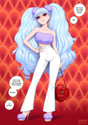 Rule 34 | 1girl, angry, bag, big eyelashes, big hair, blue hair, bracelet, cherry, clenched teeth, collarbone, contrapposto, curly hair, dated, disgust, disgusted, disgusted look, earrings, english text, eyelashes, eyeshadow, fellatrix, female, female focus, femdom, fingernails, food, frown, fruit, full body, fur trim, hair ornament, half-closed eyes, hand on own hip, handbag, heels, high heels, highres, hoop earrings, hoop earrings oversized, insulting viewer, jewelry, long eyelashes, long fingernails, long hair, looking at viewer, makeup, nail polish, offscreen character, pink nails, ponytails, red background, red eyes, simple background, slutty outfit, solo, speech bubble, standing, stiletto heels, talking to viewer, teeth, toeless footwear, toes, tsundere, twintails, valentina (fellatrix), verbal abuse, very long hair, watermark, web address