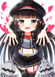 Rule 34 | 1girl, :d, absurdres, azur lane, belt, belt buckle, black hair, black skirt, black thighhighs, blush, bow, buckle, buttons, commentary request, crop top, grey eyes, hat, heart, highres, jacket, jewelry, long hair, looking at viewer, midriff, navel, oozeki (v-necker), open mouth, outstretched arms, outstretched hand, pleated skirt, reaching, reaching towards viewer, red bow, ring, skirt, smile, solo, thighhighs, very long hair, z19 hermann kunne (azur lane), zettai ryouiki