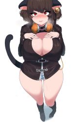 Rule 34 | 1girl, :o, animal ears, bell, black legwear, boots, breasts, brown hair, cat ears, cat tail, cleavage, collar, hand on own chest, headphones, headphones around neck, highres, jacket, large breasts, looking at viewer, mole, mole under eye, no pants, oh (aung ae), open mouth, original, panties, red eyes, short hair, solo, striped clothes, striped panties, tail, underwear, white background, wire, zipper