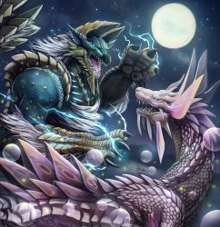 Rule 34 | blue eyes, breasts, bubble, claws, dragon, electricity, fins, head fins, highres, horns, mizutsune, monster, monster hunter (series), moon, no humans, open mouth, sharp teeth, tail, teeth, tesseract (712634), zinogre