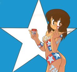 Rule 34 | 1girl, ass, body writing, bodypaint, bottle, brown eyes, brown hair, covered erect nipples, cowboy shot, facepaint, holding, holding bottle, holding paintbrush, long hair, moko-chan, non-web source, official art, paintbrush, retro artstyle, smile, solo, star (symbol), tamiya incorporated