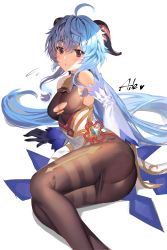 Rule 34 | 1girl, absurdres, ahoge, aile (crossroads), artist name, ass, bad id, bad pixiv id, bare shoulders, bell, black gloves, black legwear, blue hair, blush, bodystocking, bodysuit, breasts, chinese knot, cleavage, detached sleeves, flower knot, flying sweatdrops, ganyu (genshin impact), genshin impact, gloves, gold trim, highres, horns, long hair, looking at viewer, low ponytail, lying, medium breasts, neck bell, on side, open mouth, purple eyes, sideboob, sidelocks, solo, sweatdrop, thighlet, thighs, very long hair, vision (genshin impact), white background, white sleeves