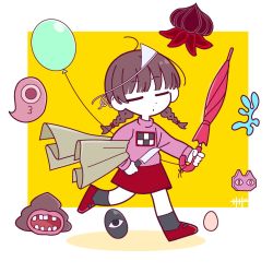 Rule 34 | 1girl, balloon, black socks, braid, brown hair, chibi, closed mouth, closed umbrella, commentary, egg, closed eyes, full body, highres, holding, holding knife, holding umbrella, knife, long sleeves, madotsuki, mary janes, pink sweater, pink umbrella, red footwear, red skirt, safe3133, shoes, skirt, socks, sweater, symbol-only commentary, triangular headpiece, turtleneck, turtleneck sweater, twin braids, umbrella, walking, yume nikki
