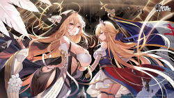 Rule 34 | 2girls, ass, azur lane, bare shoulders, blonde hair, breasts, closed mouth, feathers, flag, floating hair, flower, from behind, hair between eyes, halo, highres, holding, holding flag, horns, implacable (azur lane), large breasts, looking at viewer, looking back, multiple girls, nun, official art, okuma mai, parted lips, red eyes, revealing clothes, richelieu (azur lane), smile, standing, thigh strap, white flower