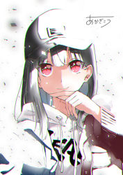 Rule 34 | 1girl, absurdres, akagikou, baseball cap, black hair, black hat, blue jacket, brown jacket, chromatic aberration, closed mouth, drawstring, hand up, hat, highres, hood, hood down, hoodie, jacket, long hair, long sleeves, looking at viewer, open clothes, open jacket, original, signature, smile, solo, upper body, white background, white hoodie