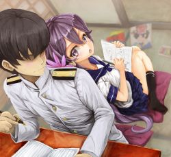 Rule 34 | 10s, 1boy, 1girl, :o, admiral (kancolle), akebono (kancolle), back-to-back, bad id, bad pixiv id, bell, black socks, blue skirt, blurry, blush, buttons, commentary request, cushion, depth of field, flower, from above, hair bell, hair between eyes, hair flower, hair ornament, holding, holding pen, holding pencil, indoors, jingle bell, kantai collection, kneehighs, leaning back, leaning on person, long hair, long sleeves, looking back, military, military uniform, miniskirt, nanai, naval uniform, no eyes, no shoes, pen, pencil, pleated skirt, purple eyes, purple hair, school uniform, serafuku, short sleeves, sitting, skirt, sliding doors, socks, sweatdrop, table, tatami, uniform, very long hair