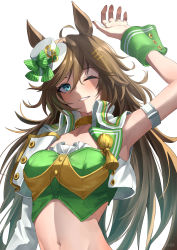 Rule 34 | 1girl, absurdres, ahoge, animal ears, arm strap, arm up, armpits, blush, breasts, brown hair, chakuma (yiyh1468), choker, collarbone, commentary, cropped jacket, eyebrows hidden by hair, green eyes, green shirt, hair between eyes, hair ornament, hairclip, hat, highres, horse ears, horse girl, jacket, long hair, long sleeves, looking at viewer, medium breasts, midriff, mini hat, mini top hat, mr. c.b. (umamusume), navel, one eye closed, open clothes, open jacket, parted lips, shirt, sidelocks, simple background, single bare shoulder, single sleeve, sleeve cuffs, smile, solo, standing, strapless, strapless shirt, top hat, twitter username, umamusume, upper body, white background, yellow choker