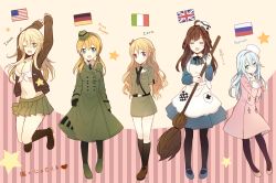 Rule 34 | 5girls, ;d, = =, a (riduass023), ahoge, alternate costume, america (hetalia), america (hetalia) (cosplay), american flag, apron, aqua eyes, arms behind back, arms up, axis powers hetalia, bad id, bad pixiv id, belt, black gloves, black necktie, black socks, blonde hair, blue dress, blue eyes, blue footwear, blue hair, blush, boots, bow, braid, breasts, broom, brown footwear, brown hair, buttons, character name, cleavage, coat, cosplay, cross-laced footwear, cross print, double-breasted, dress, flag, front-tie top, full body, fur trim, german flag, germany, germany (hetalia), germany (hetalia) (cosplay), gloves, green footwear, grey eyes, hair between eyes, hair bow, hair ornament, hairband, half updo, hat, headphones, heart, hibiki (kancolle), holding, holding broom, iowa (kancolle), italian flag, italy, jacket, jewelry, jumping, kantai collection, kneehighs, kongou (kancolle), large breasts, lineup, long hair, long sleeves, looking at viewer, military, military uniform, mini hat, miniskirt, multiple girls, necklace, necktie, northern italy (hetalia), northern italy (hetalia) (cosplay), one eye closed, open clothes, open jacket, open mouth, own hands together, pantyhose, pendant, pink bow, pink footwear, prinz eugen (kancolle), red bow, red eyes, russia, russia (hetalia), russia (hetalia) (cosplay), russian text, sam browne belt, shoes, skirt, sleeves past wrists, smile, socks, standing, star (symbol), star print, striped, striped background, symbol-shaped pupils, uniform, union jack, united kingdom, united kingdom (hetalia), united kingdom (hetalia) (cosplay), united states, verniy (kancolle), vertical stripes, white apron, white hat, x hair ornament, yimu, zara (kancolle)