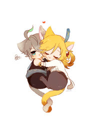 Rule 34 | 2boys, :3, :t, ahoge, alhaitham (genshin impact), animal ear fluff, animal ears, animal hands, animalization, antenna hair, artist name, belt, blonde hair, blue belt, blush, brown hair, cat ears, cat paws, chibi, closed eyes, colored inner hair, colored tips, feather hair ornament, feathers, fingerless gloves, genshin impact, gloves, green hair, grey hair, hair between eyes, hair ornament, hairpin, heart, highres, kaveh (genshin impact), long hair, looking to the side, lying, male focus, medium bangs, multicolored hair, multiple boys, on side, one eye covered, parted bangs, shirt, short hair, side-by-side, sidelocks, simple background, single bare shoulder, sleeveless, sleeveless shirt, squiggle, streaked hair, swept bangs, tail, tail wrap, two-tone hair, white background, white shirt, yaoi, yuuzatta