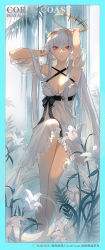 Rule 34 | 1girl, alternate costume, arknights, armpits, arms up, bare legs, barefoot, black bow, bow, bracelet, breasts, character name, cleavage, criss-cross halter, detached sleeves, dress, flower, grey hair, halo, halter dress, halterneck, highres, jewelry, knee up, large breasts, laurel crown, lily (flower), long hair, looking at viewer, parted lips, puffy short sleeves, puffy sleeves, red eyes, short sleeves, sitting, solo, specter (arknights), underbust, very long hair, water, white dress, white flower, zhanzhan lan
