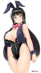 Rule 34 | 1girl, adapted costume, animal ears, bare arms, bare shoulders, black hair, black hairband, black leotard, blush, bow, bowtie, braid, breasts, breath, closed mouth, collarbone, collared vest, commentary request, covered navel, crop top, crop top overhang, cropped vest, curvy, excessive pubic hair, fake animal ears, female pubic hair, fingernails, french braid, furrowed brow, grey eyes, groin, hair ornament, hairband, hairclip, head tilt, heavy breathing, highres, hip focus, huge breasts, legs together, leotard, long hair, looking down, nijisanji, open clothes, open vest, parted lips, pink bow, pink bowtie, playboy bunny, pubic hair, pubic hair peek, rabbit ears, saizu nitou gunsou, shiny clothes, shiny skin, sidelocks, simple background, smile, solo, standing, straight hair, strapless, strapless leotard, sweat, thighs, tsukino mito, tsukino mito (1st costume), twitter username, very long hair, vest, virtual youtuber, white background, wrist cuffs