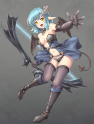 Rule 34 | 1girl, bare shoulders, black panties, blue hair, boots, bow (weapon), breasts, center opening, demon girl, demon tail, demon wings, detached collar, elbow gloves, fishnet thighhighs, fishnets, full body, gloves, horns, knee boots, leather, leather gloves, navel, o-ring, open mouth, original, outstretched arm, panties, pointy ears, sasaame, short hair, solo, tail, thighhighs, underwear, weapon, wings, yellow eyes