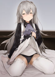 Rule 34 | 1girl, bed sheet, black panties, blush, cameltoe, closed mouth, clothes lift, dress, dress lift, girls&#039; frontline, grey hair, hair between eyes, half-closed eyes, highres, indoors, lifted by self, long hair, looking at viewer, official alternate costume, on bed, panties, saliva, saliva trail, scar, scar across eye, scar on face, sitting, smile, solo, sweat, thighhighs, ump45 (agent lop rabbit) (girls&#039; frontline), ump45 (girls&#039; frontline), underwear, uno ryoku, very long hair, white thighhighs, yellow eyes