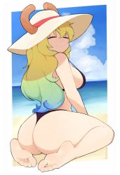 Rule 34 | 1girl, absurdres, ass, barefoot, beach, bikini, black bikini, blonde hair, blue hair, blue sky, border, breasts, closed eyes, closed mouth, cloud, cloudy sky, commentary, curvy, dragon horns, english commentary, feet, from behind, full body, gradient hair, green hair, highres, horns, horns through headwear, huge ass, kobayashi-san chi no maidragon, large breasts, legs, long hair, looking at viewer, looking back, lucoa (maidragon), multicolored hair, outdoors, shadow, shiny skin, sidelocks, sitting, sky, smile, softhanten, soles, solo, swimsuit, thighs, thong, thong bikini, toes, twitter username, very long hair, wariza, white border, wide hips