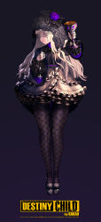 Rule 34 | 1girl, black nails, black thighhighs, blue eyes, chalice, cross, cross necklace, cross tattoo, cup, destiny child, dress, earrings, facial tattoo, fishnets, flat chest, flower, frilled dress, frilled sleeves, frills, full body, gothic lolita, grey background, hair flower, hair ornament, highres, hyulla, jewelry, lolita fashion, long hair, long legs, looking to the side, nail polish, necklace, nose, official art, platform footwear, purple flower, purple rose, rita (destiny child), rose, solo, tattoo, thighhighs, veil, white hair, wide sleeves