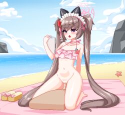 Rule 34 | 1girl, animated, animated gif, beach, bikini, bikini top only, blinking, blue archive, blush, bottomless, breasts, brown hair, closed mouth, cloud, cloudy sky, collarbone, cum, cum in pussy, day, frilled bikini, frills, halo, long hair, lookie63, maid headdress, ocean, one eye closed, open mouth, outdoors, pink bikini, pixel art, purple eyes, sandals, unworn sandals, shizuko (blue archive), shizuko (swimsuit) (blue archive), sky, small breasts, starfish, swimsuit, twintails, vaginal, very long hair