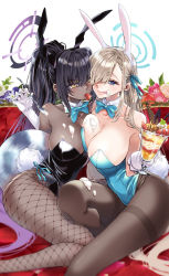 Rule 34 | 2girls, :q, animal ears, asuna (blue archive), asuna (bunny) (blue archive), black hair, black pantyhose, blonde hair, blue archive, blue eyes, blush, bow, bowtie, breasts, cleavage, dark-skinned female, dark skin, fake animal ears, female focus, fishnet legwear, fishnets, food, food on face, fruit, gloves, gradient hair, hair over one eye, halo, highres, huge breasts, karin (blue archive), karin (bunny) (blue archive), leotard, long hair, looking at viewer, multicolored hair, multiple girls, pantyhose, parfait, playboy bunny, ponytail, purple hair, rabbit ears, rabbit tail, sitting, smile, spoon, strawberry, tail, takanashi ringo, thighband pantyhose, tongue, tongue out, traditional bowtie, two-tone hair, white gloves, yellow eyes