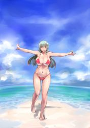 Rule 34 | 1girl, aged up, armpits, bare legs, bare shoulders, barefoot, beach, bikini, blush, breasts, cleavage, cloud, cloudy sky, day, full body, green hair, groin, large breasts, long hair, looking at viewer, navel, outdoors, outstretched arms, red bikini, red eyes, rozen maiden, shiny skin, sky, smile, solo, suigintou, swimsuit, tsuda nanafushi