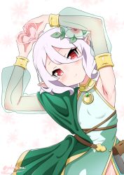 Rule 34 | 1girl, antenna hair, armpits, arms up, artist name, bare shoulders, blush, breasts, closed mouth, commentary request, detached sleeves, dress, eyes visible through hair, floral background, flower, green dress, green sleeves, hair between eyes, hair flower, hair ornament, head tilt, heart, heart hands, kokkoro (princess connect!), long sleeves, looking at viewer, pointy ears, princess connect!, puffy long sleeves, puffy sleeves, red eyes, see-through, see-through sleeves, short hair, simple background, sleeveless, sleeveless dress, small breasts, smile, solo, split mouth, twitter username, white background, white flower, white hair, yokoshima (euphoria)